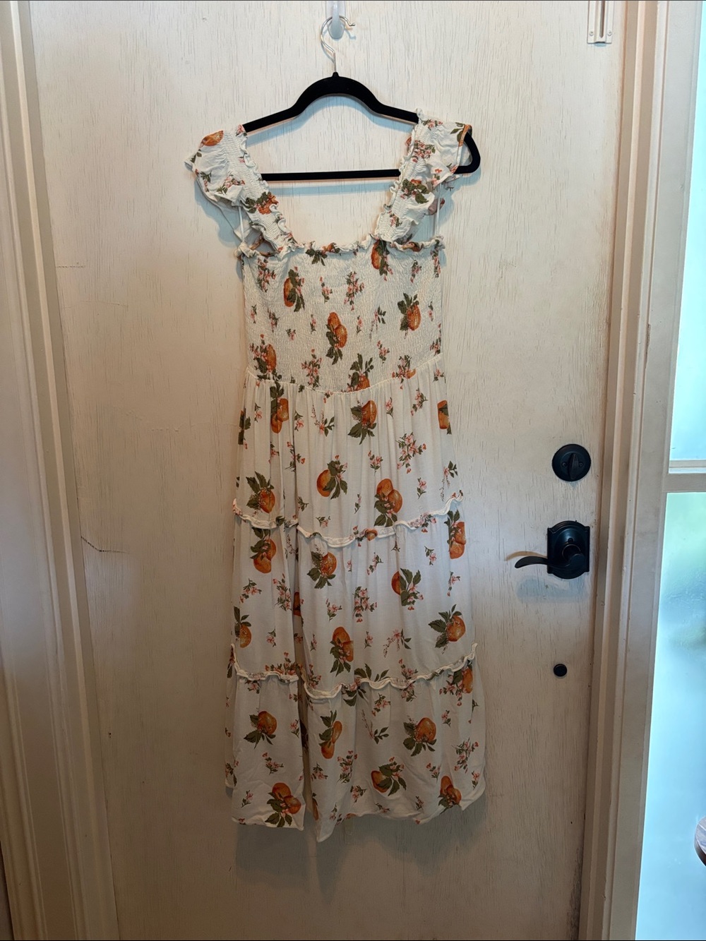 Women's White Floral Tiered Sundress with Orange Print